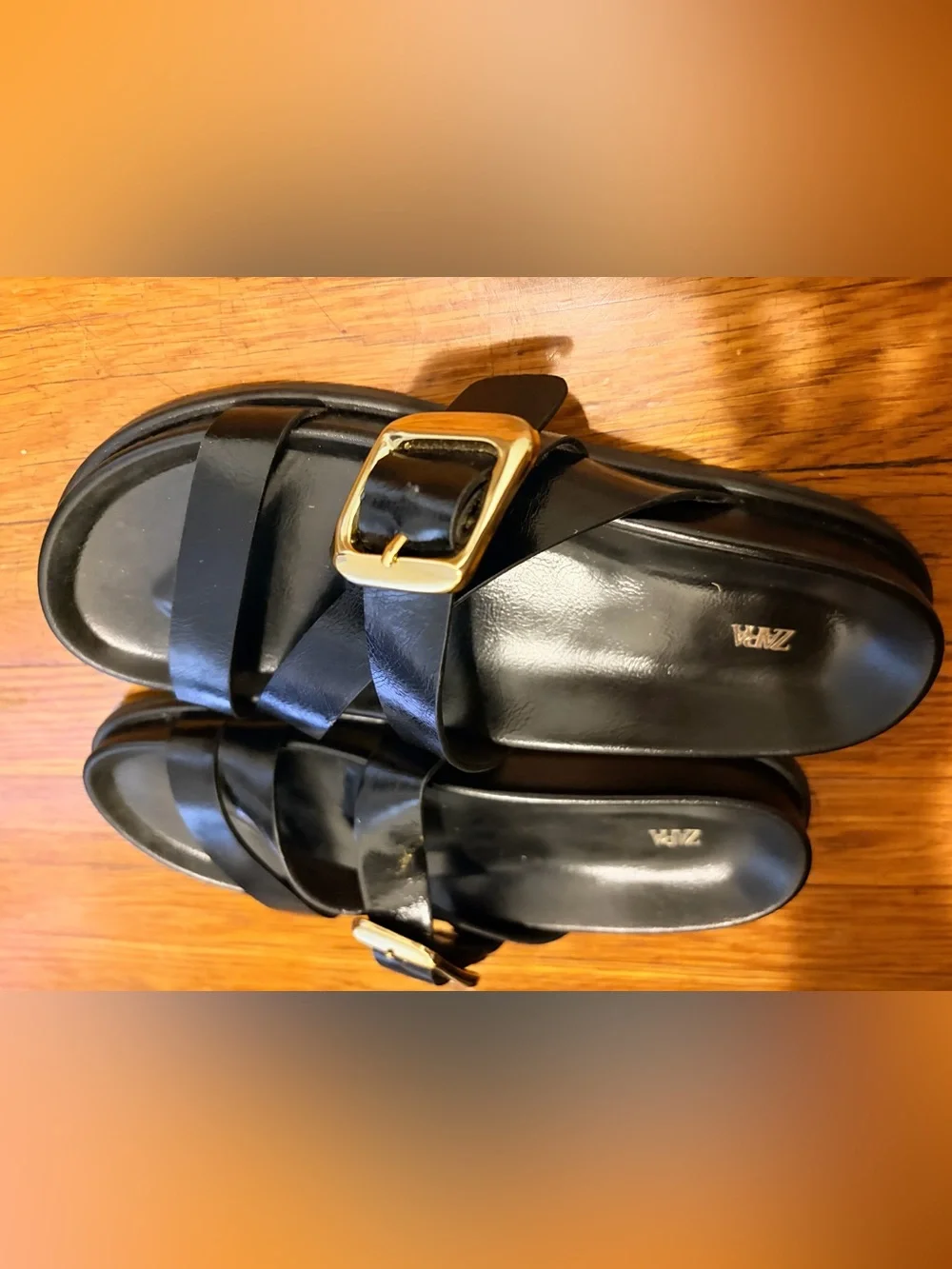 ZARA Black Slide Sandals with Gold Buckles - Picture 4 of 4